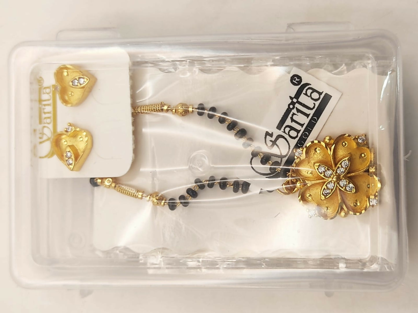 Gold Plated AD Heart Stud Earrings & Floral Mangalsutra Set for women