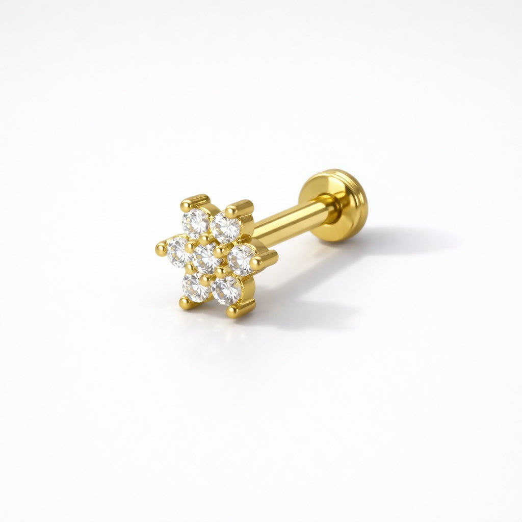 Elegant gold plated flat back nosepin stud with floral crystal cluster for women and girls