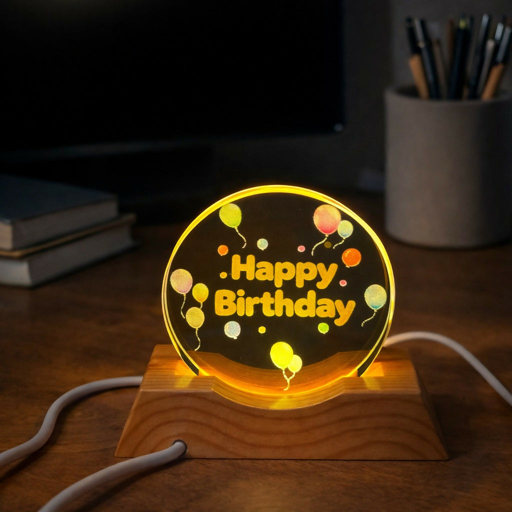 Happy Birthday Acrylic LED Lamp with Wooden Base Balloon Party Gift