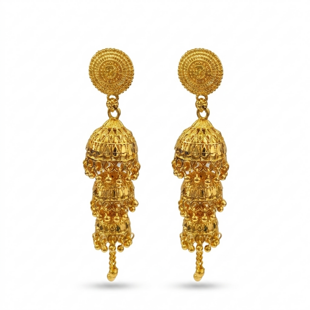 Side view of intricate gold jhumki earring design