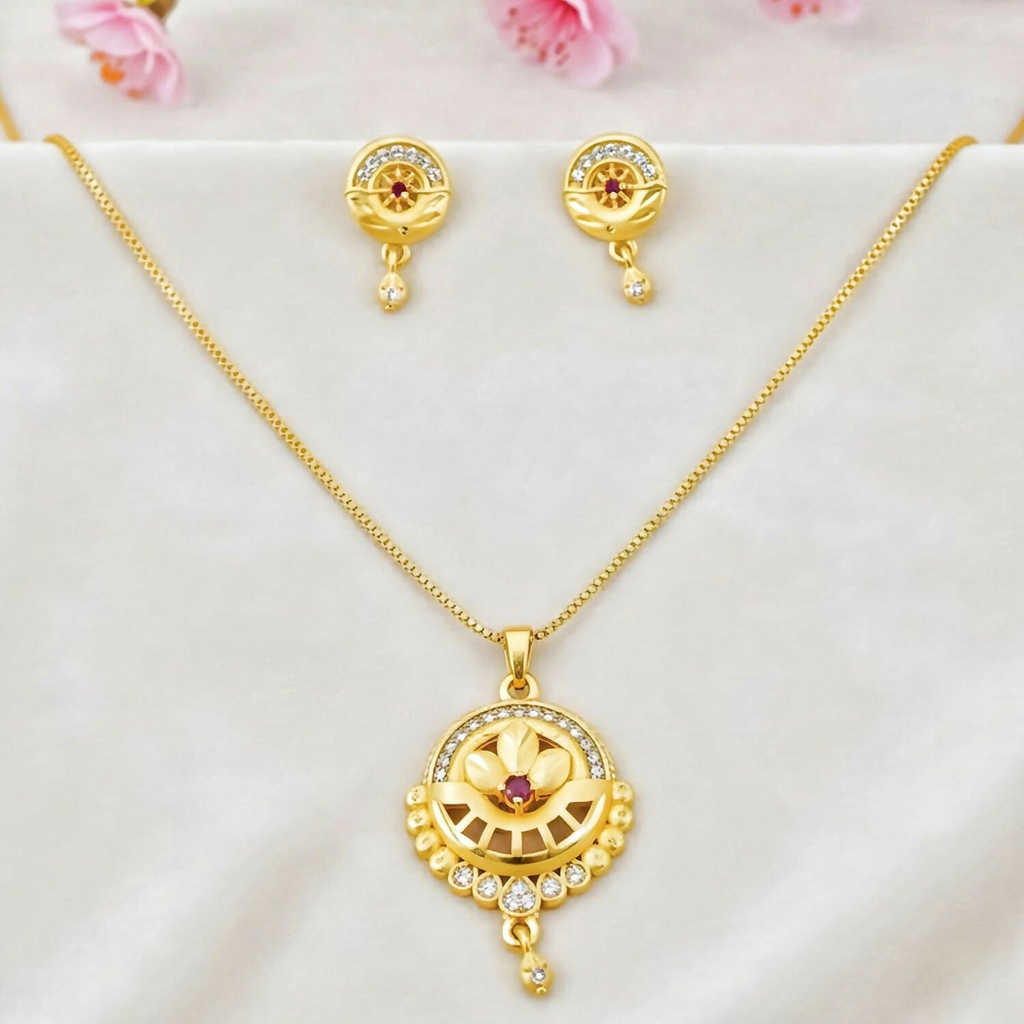 Women’s Gold-Tone Jewelry Set | Round Filigree Pendant with Red Stone | Ethnic Wedding Wear Necklace & Earrings