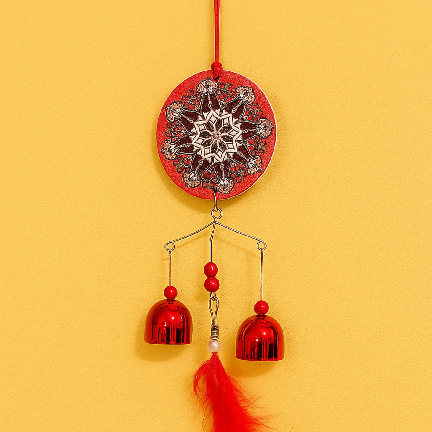 Handcrafted Red Metal Hanging Bell with Feather | Mandala Design Wind Chime for Home, Balcony, Car & Wall Décor | Positive Energy Decorative Hanging with Jingle Sound | Ideal Gift for Festive & Home Decoration