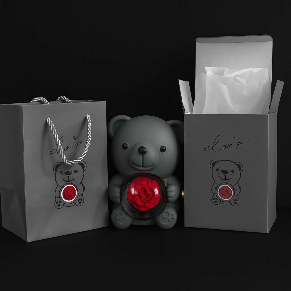 Grey Teddy Bear With Eternal Rose Gift Box | Romantic Premium Gift for Her & Couples