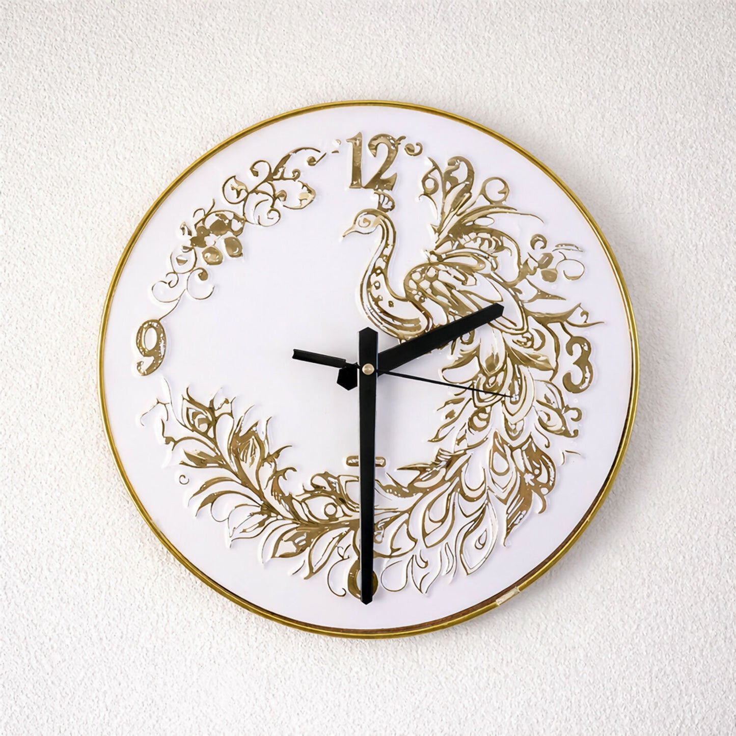 White Resin Art Wall Clock with Peacock Design & Gold Detailing (10x10)