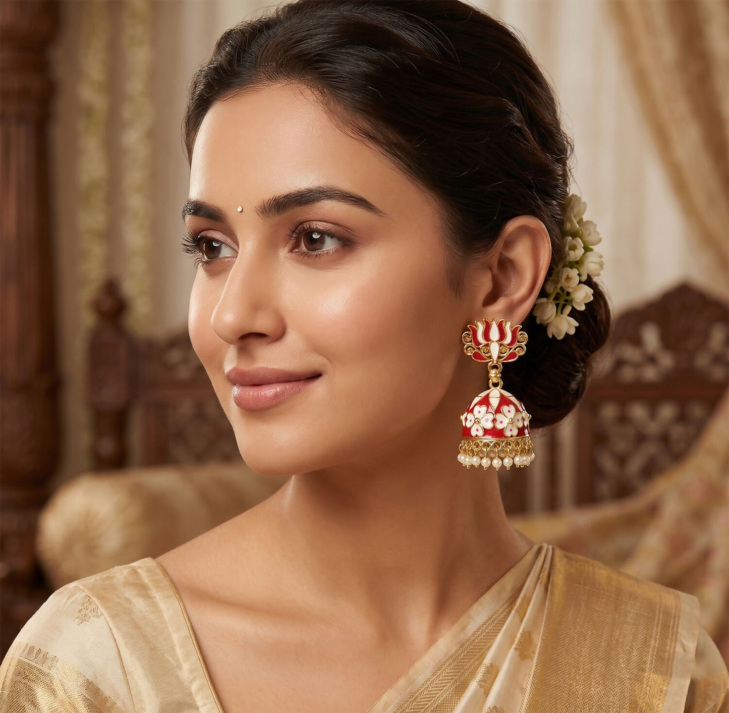 Close-up of floral dome design on Red Lotus Jhumka Earrings