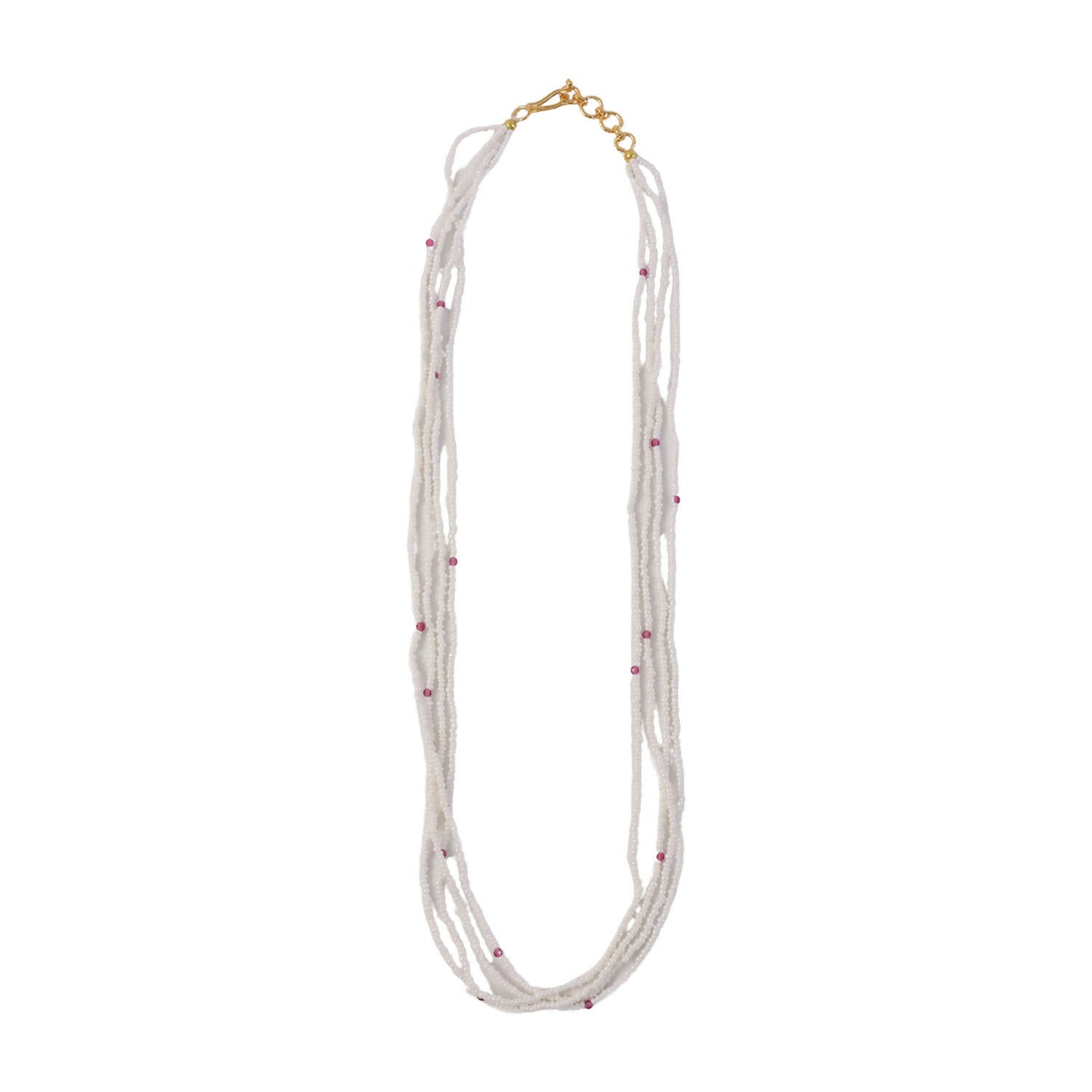Side view of elegant pearl mala necklace with pink accents highlighting craftsmanship