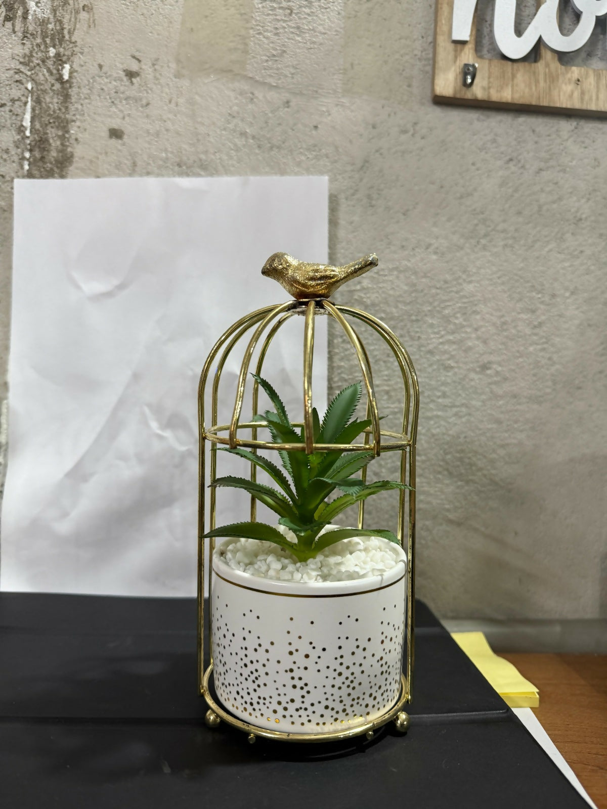 Golden Birdcage Artificial Plant Decor for Home, Office & Tabletop Decoration