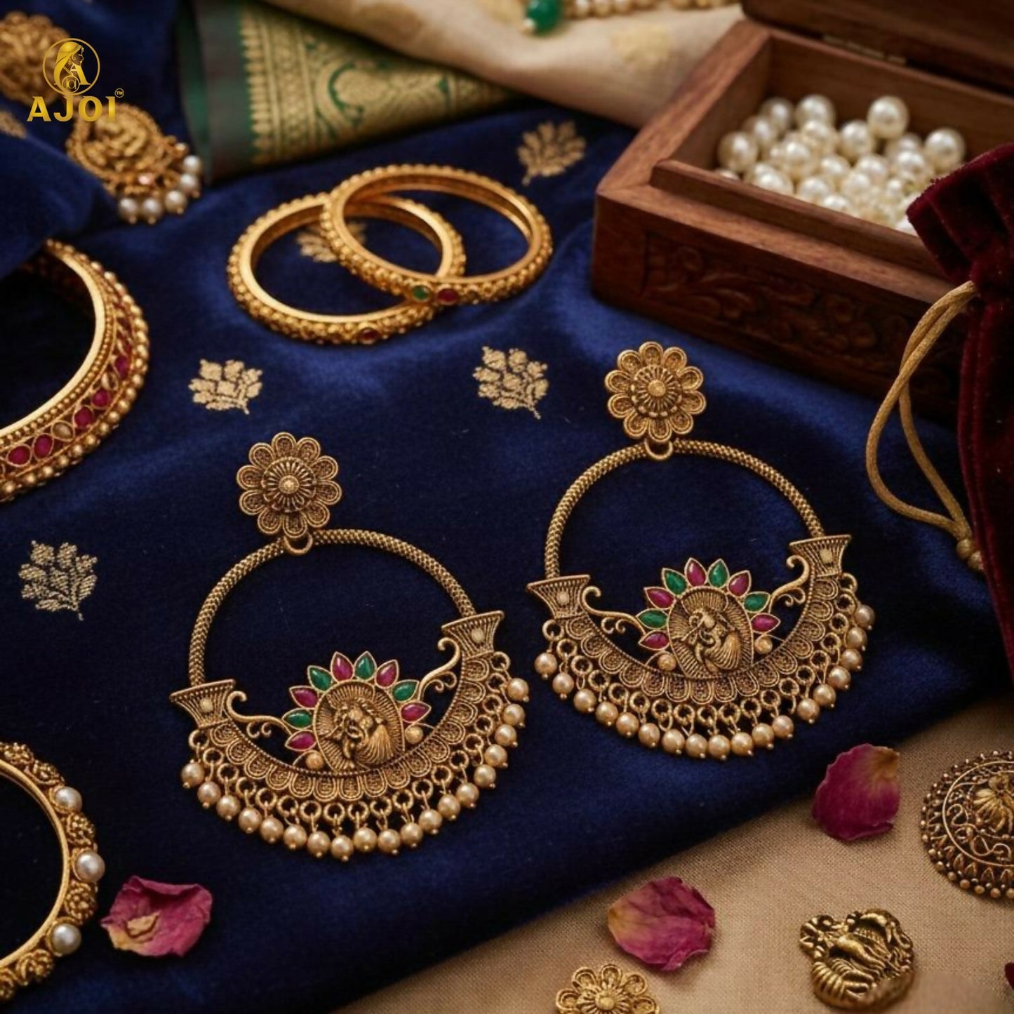 Radha Krishna Central Goddess Chandbali Earrings