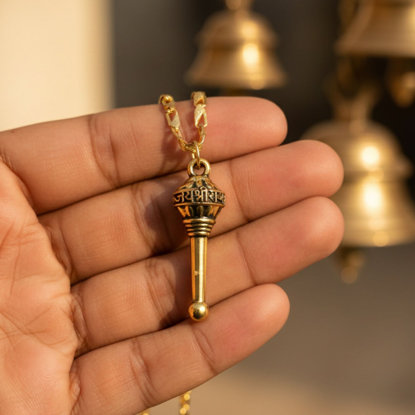 Golden Hanuman Gada Pendant with Chain – Devotional, Stylish & Lightweight Accessory for Daily Wear