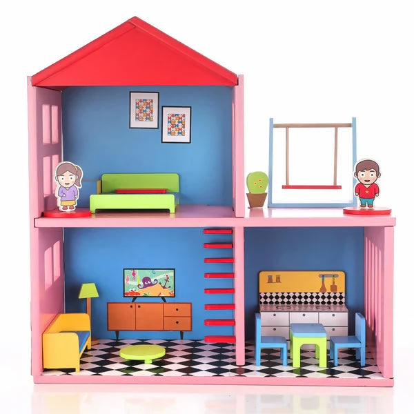My Wooden Doll House Set for Girls with 4 Rooms (Multicolor)