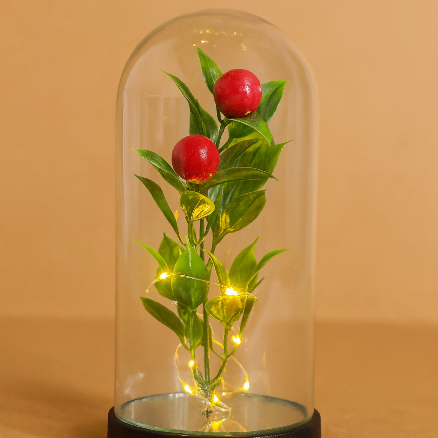 Decorative Glass Dome LED Fairy Light Plant Showpiece – Artificial Pomegranate Stem with Warm Lights – Battery Operated Tabletop Home Décor, Desk Night Lamp for Living Room, Bedroom, Café, and Gift
