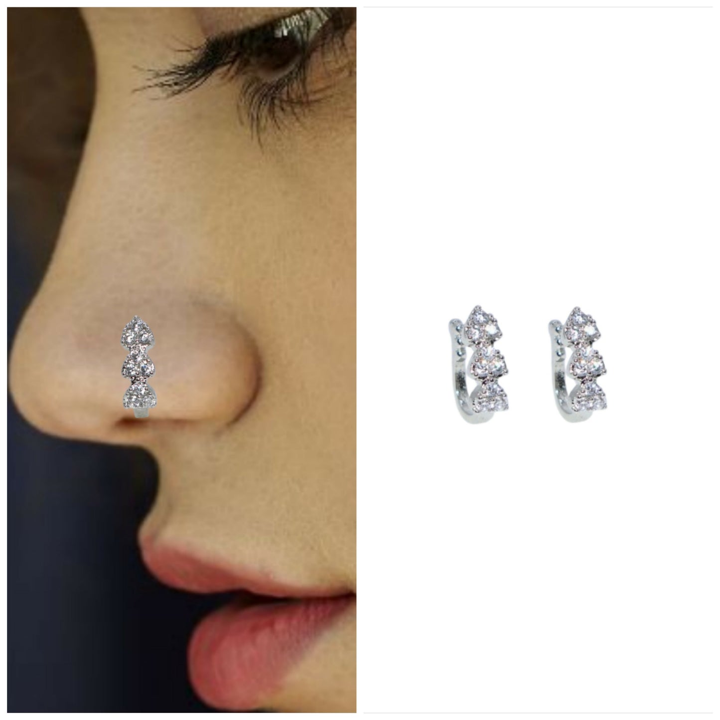 Clip On Nath Nose Pin Combo Gold Rose Silver AD Fake Piercing Combo Pack of 2