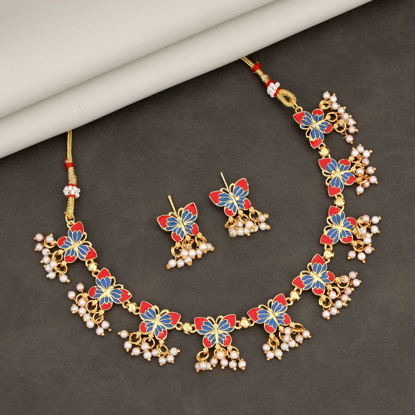 Vibrant Red & Blue Enamel Butterfly Choker Set with Pearl Drops