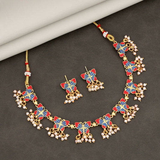 Vibrant Red & Blue Enamel Butterfly Choker Set with Pearl Drops