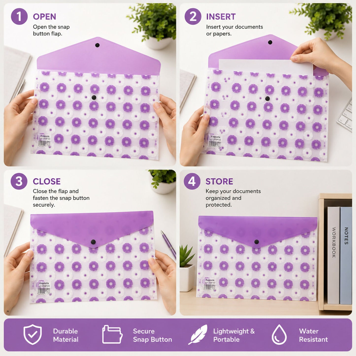 Close-up of snap button on durable transparent plastic A4 folder