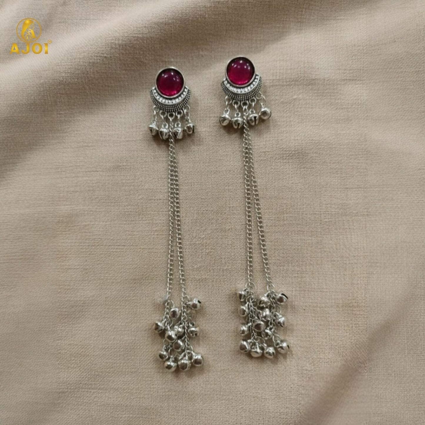 Ethnic Round Design Silver Plated Long Earrings with Ghungroo Drops