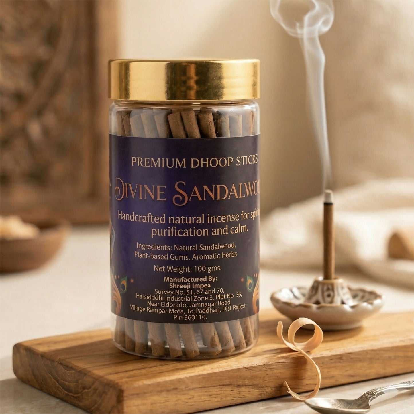 Divine Sandalwood Premium Dhoop Sticks Natural Incense Sticks for Spiritual Purification Long Lasting Aroma (100Gm)