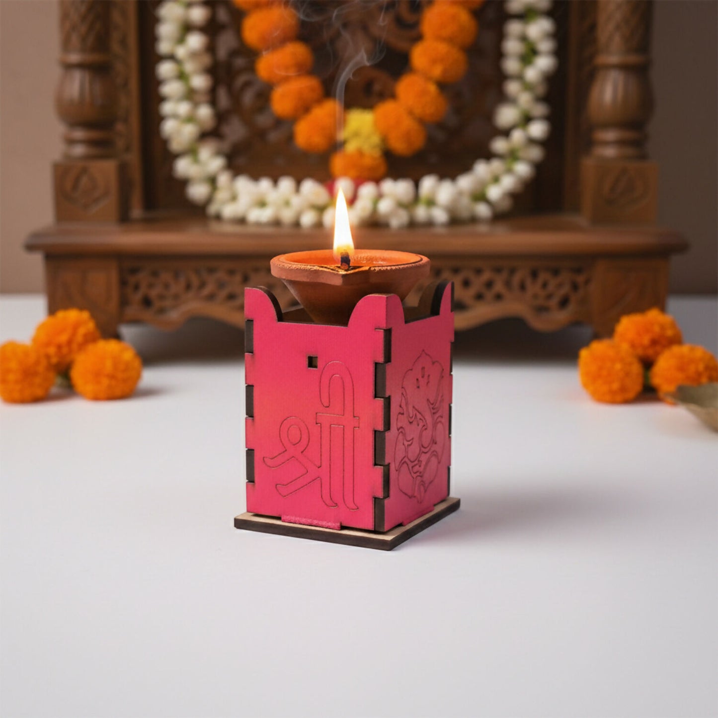 Ganesh Wooden Diya Stand | MDF Pooja Lamp for Diwali, Mandir & Gifting