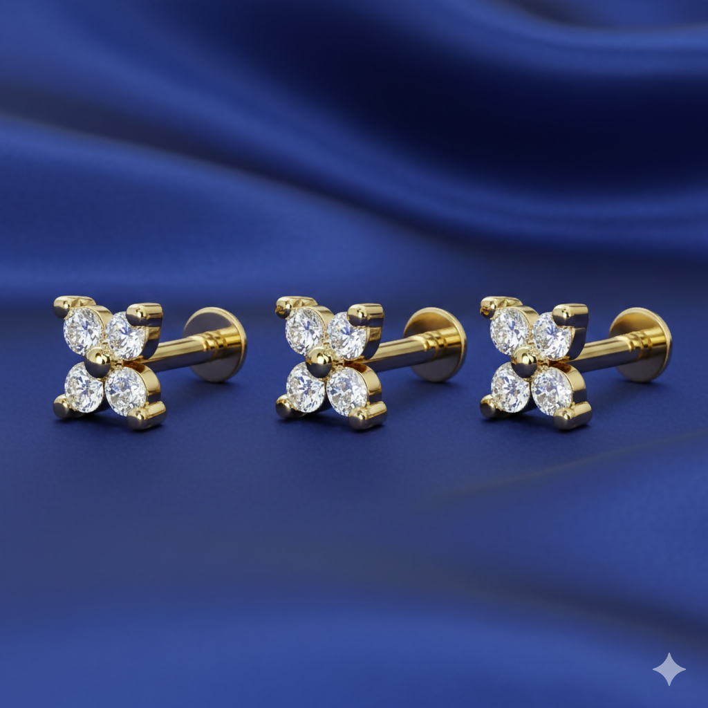 Close-up of the sparkling cubic zirconia stones on gold plated flat back nosepin stud