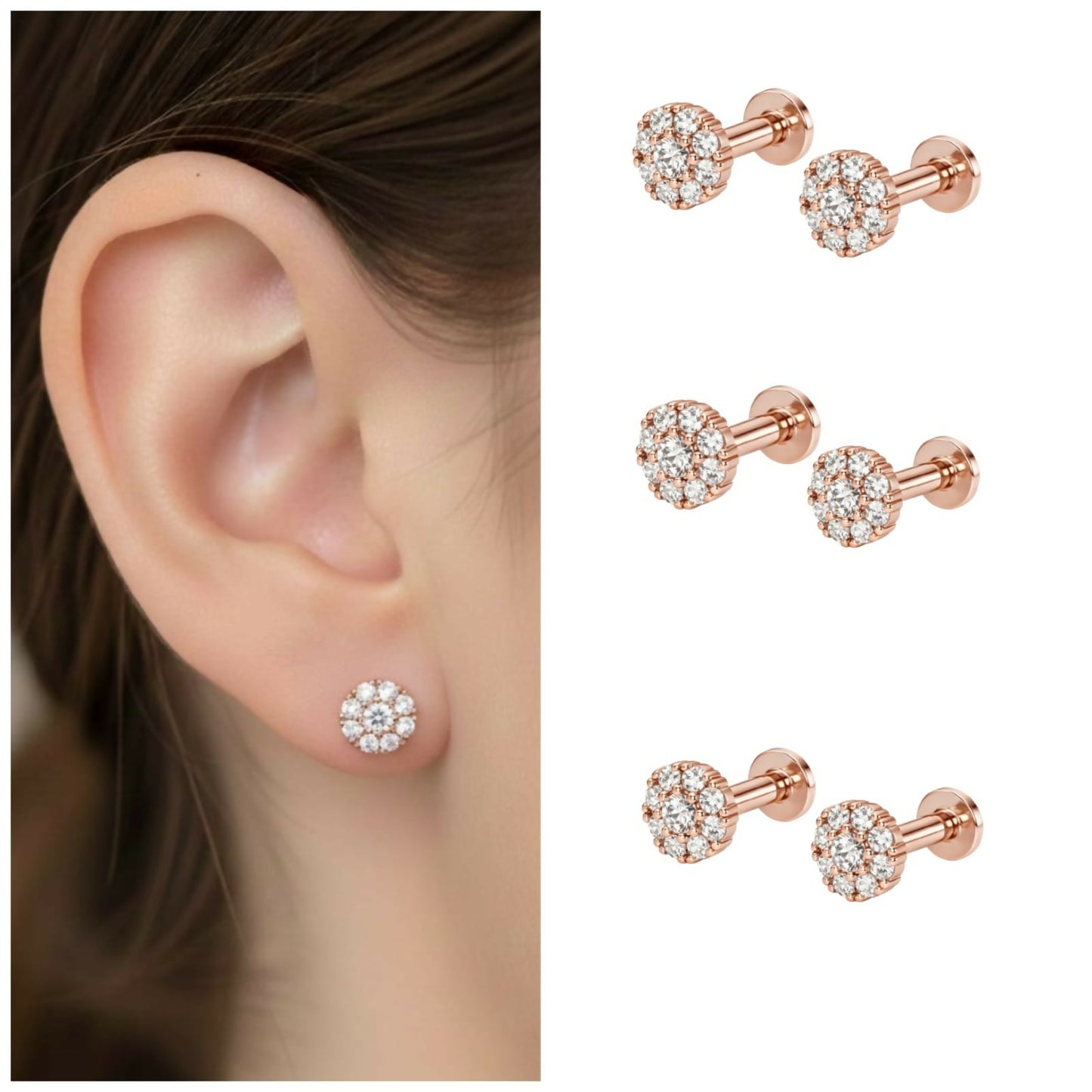Set of three pairs of rose gold flower crystal stud earrings with a high-shine effect