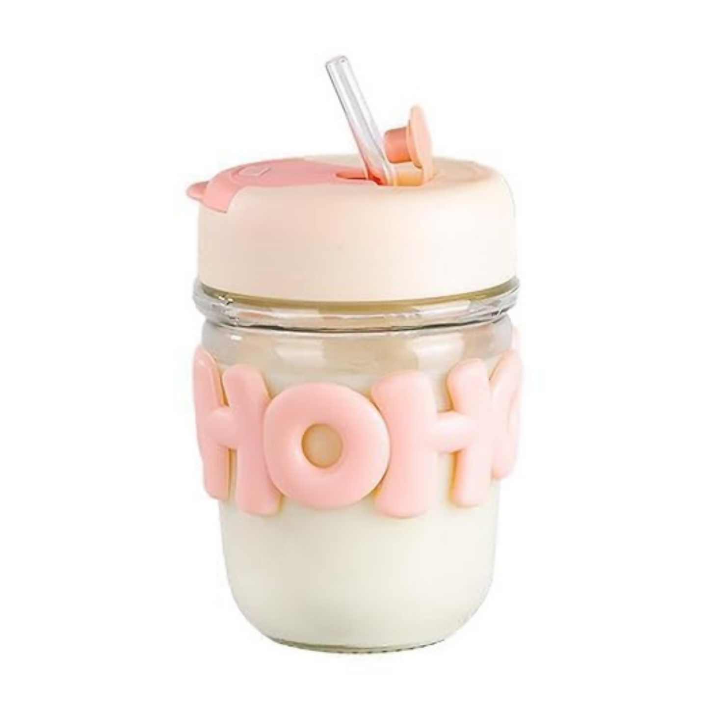 HOHO Cute Glass Milk Jar with Straw & Silicone Lid | 350ml Leakproof Reusable Smoothie Cup | Aesthetic Mason Jar Tumbler for Kids & Adults | Iced Coffee, Juice & Milkshake Cup | 12cm x 7cm | Pastel Pink