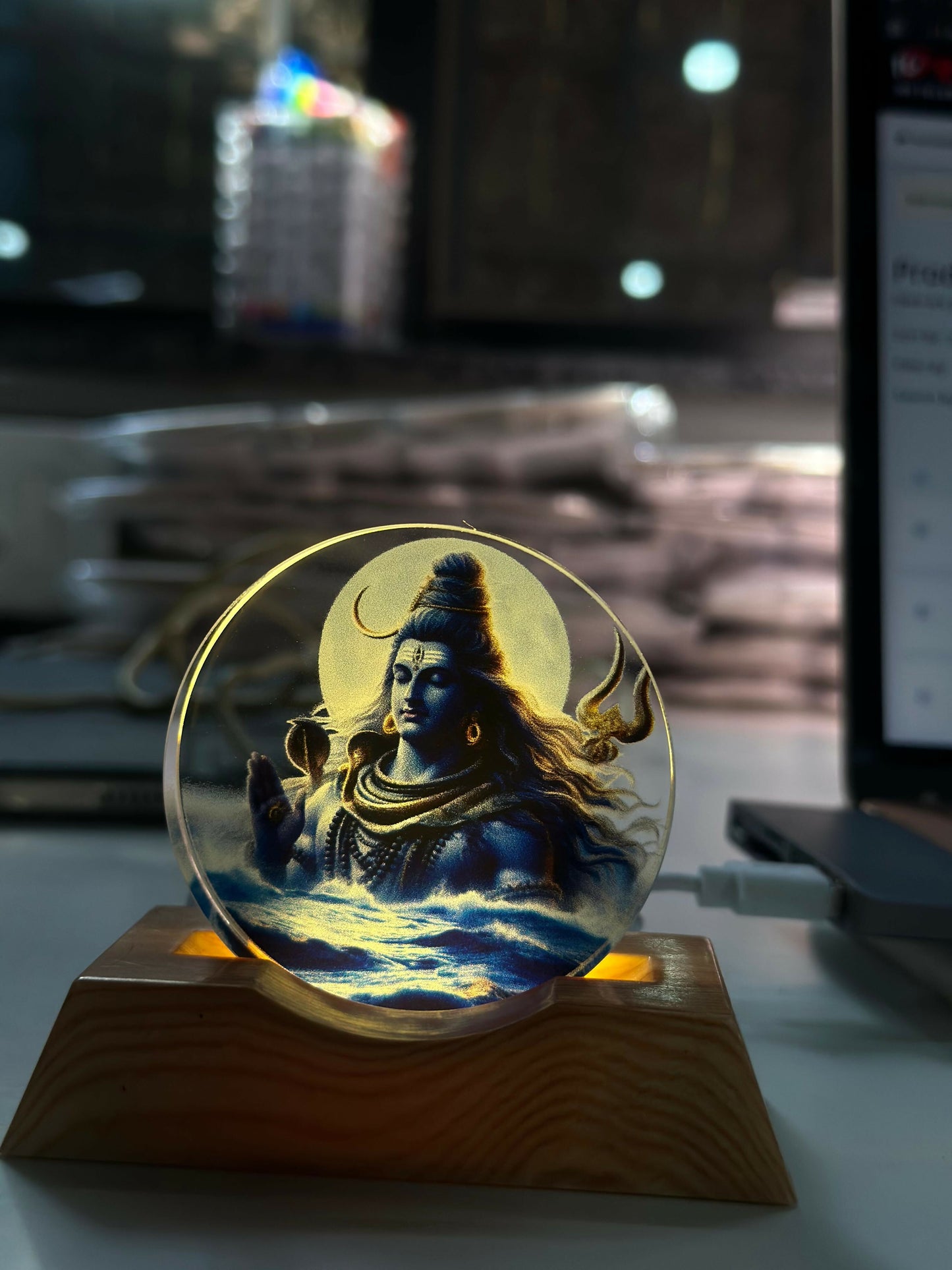 Lord Shiva Acrylic LED Night Lamp with Wooden Base | Devotional Light