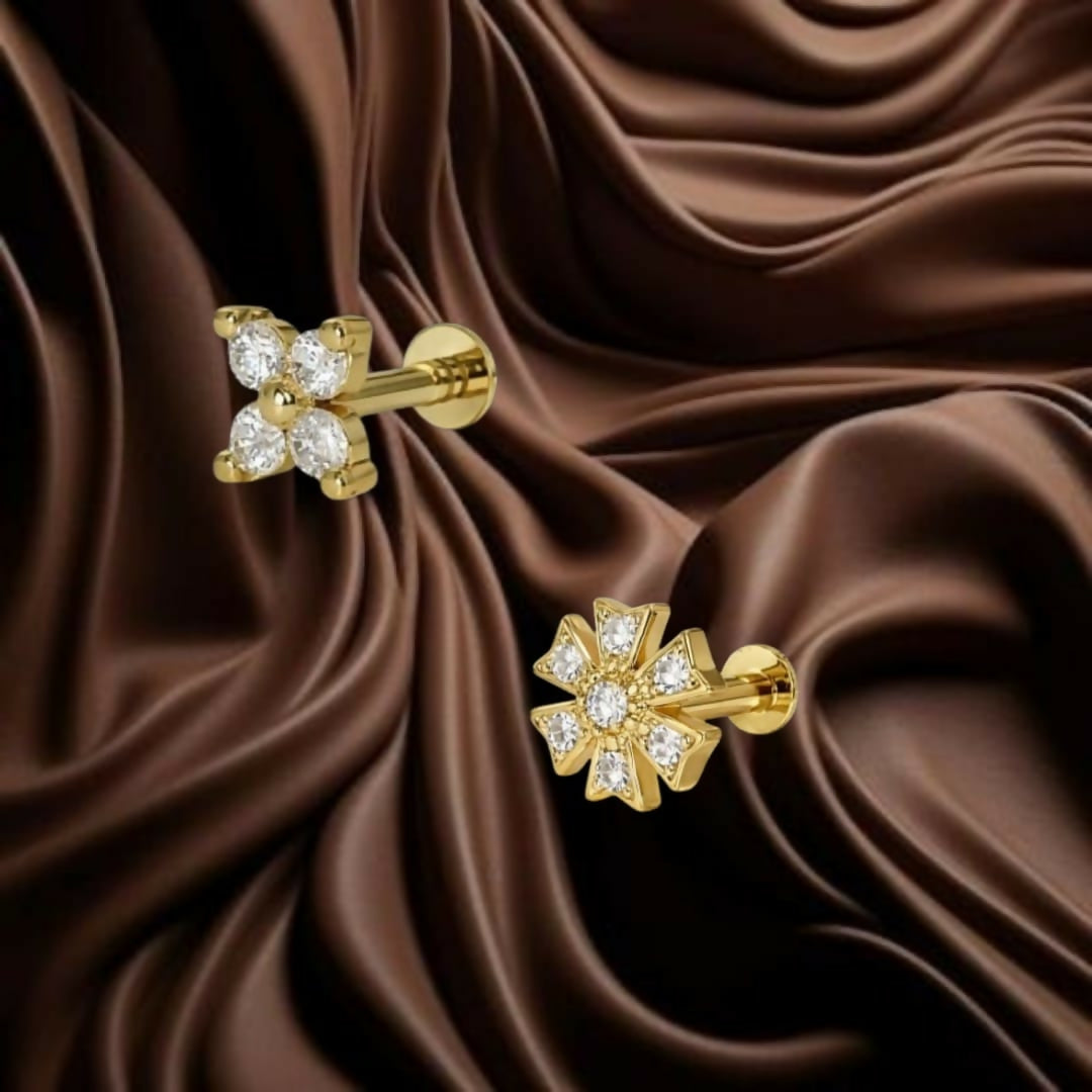 Close-up of intricate 6-petal flower crystal nosepin stud in gold plating