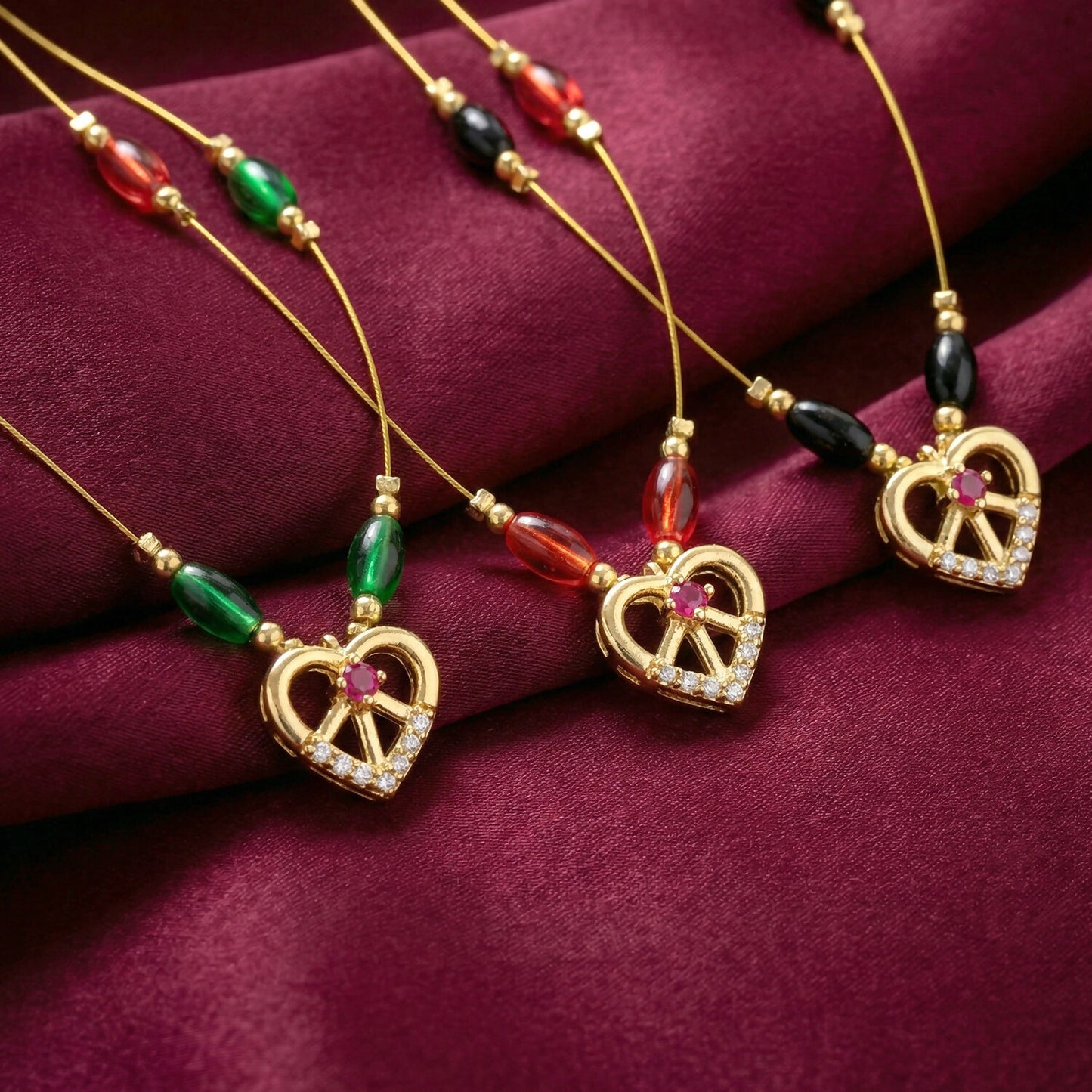 Heart Pendant Necklace with Tricolor Beads and Ruby Accent (3Pc/Set)