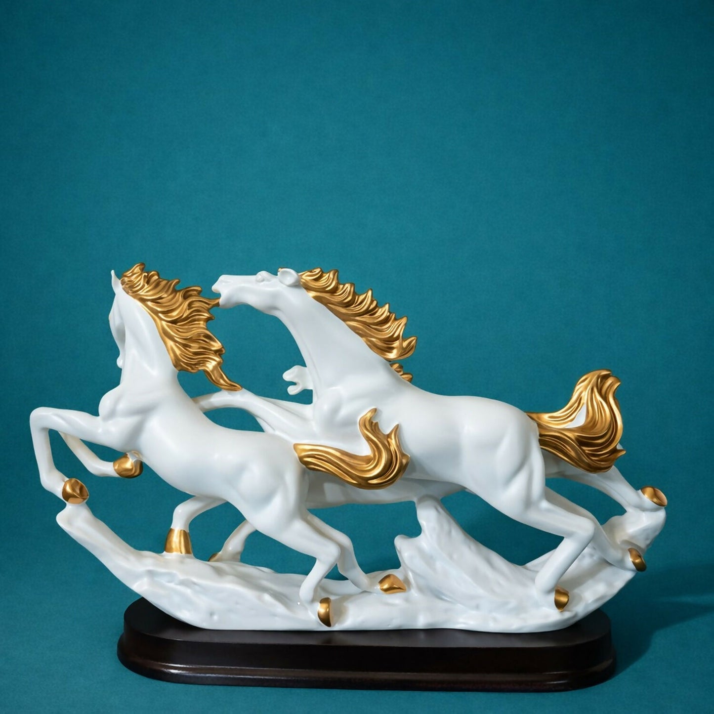 Three Running Horses Showpiece for Home Decor | White & Gold Finish