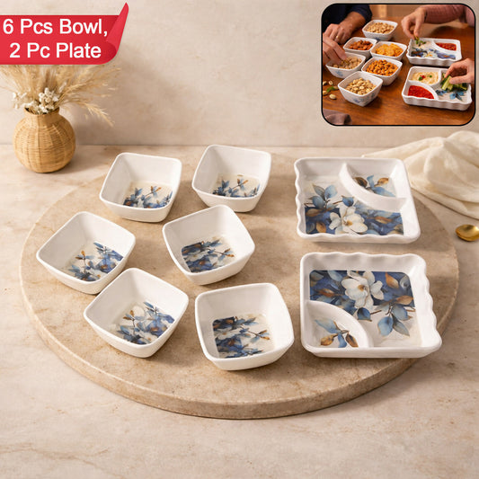 8-piece floral melamine serving bowl and platter set with blue lily design