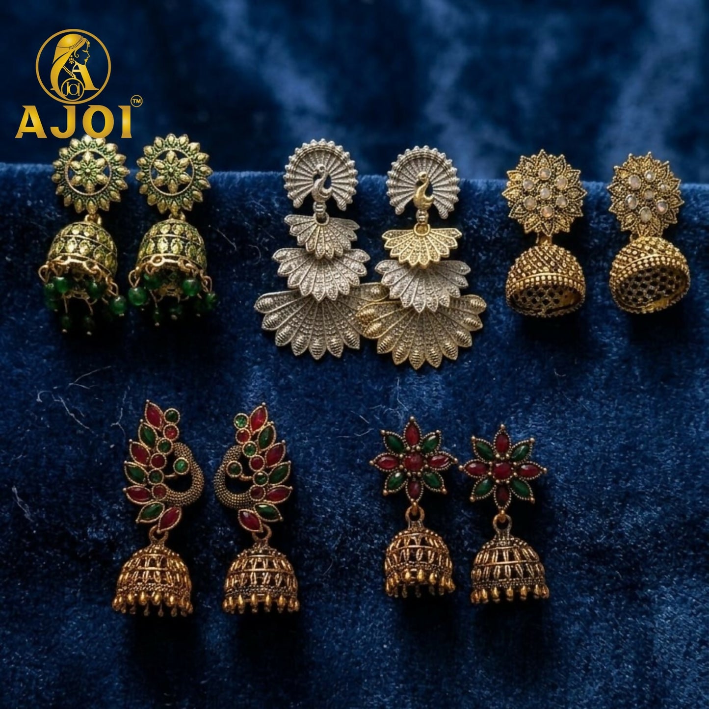 Ethnic Earrings Gold Plated Jhumka & Peacock Set of 5