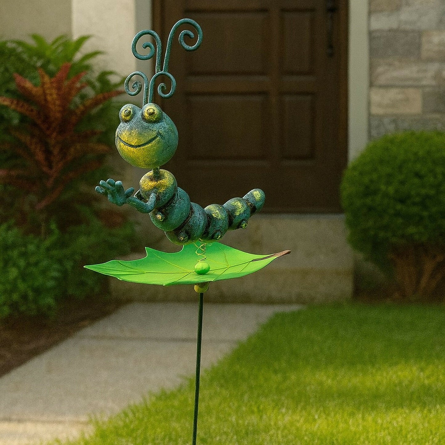 Blue Metal Caterpillar Garden Stake for Outdoor Décor – Cute Insect Yard Ornament with Leaf Base (1 PC)