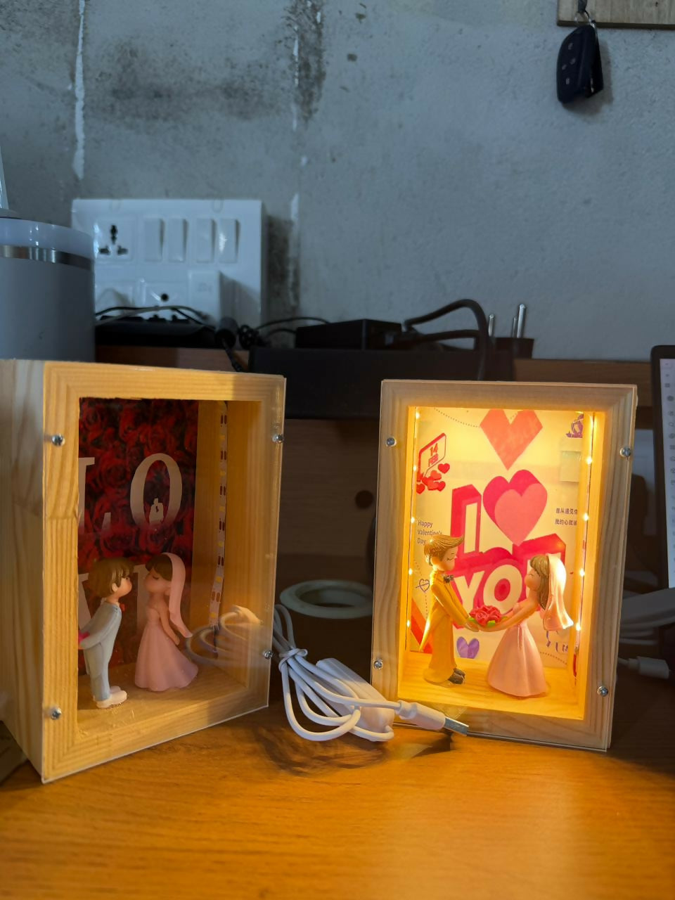 Wooden Couple Shadow Box Lamp for Bedroom, Table & Gift Decor