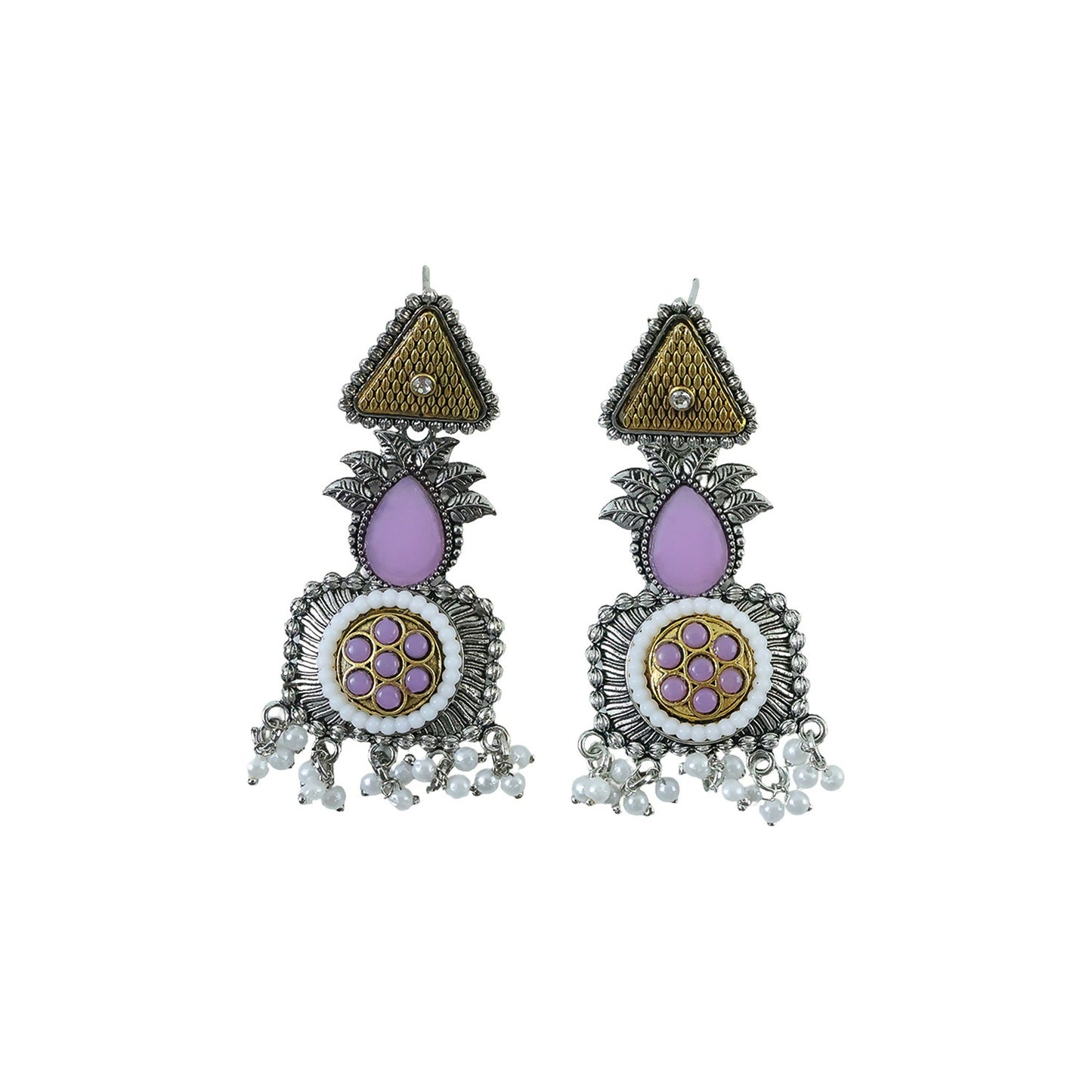 Elegant Blush Pink & Pearl Embellished Statement Drop Earrings with Antique Silver Finish and Intricate Floral Filigree Design