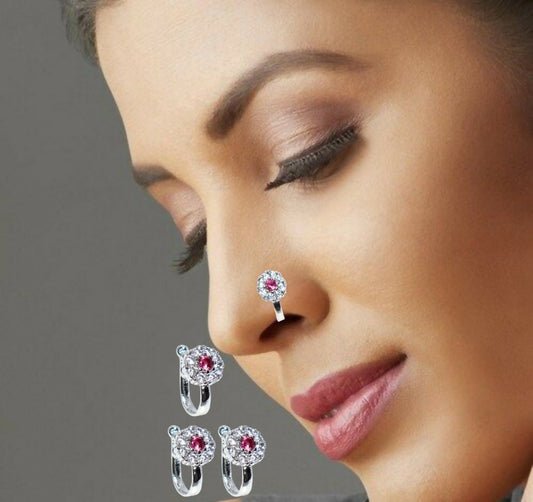 Rose Gold Pink/White CZ Floral Non-Pierced Clip-On Nose Pin Combo Pack of 3