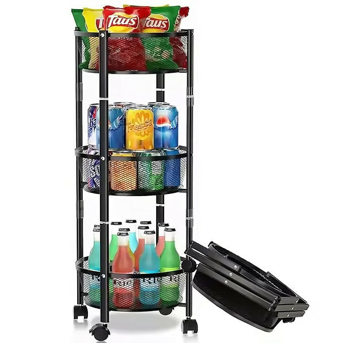 Collapsible 3-Tier Kitchen Trolley with Wheels | Foldable Metal Mesh Storage Rack | Heavy-Duty Vegetable & Fruit Basket Stand | Multipurpose Utility Cart for Home & Office
