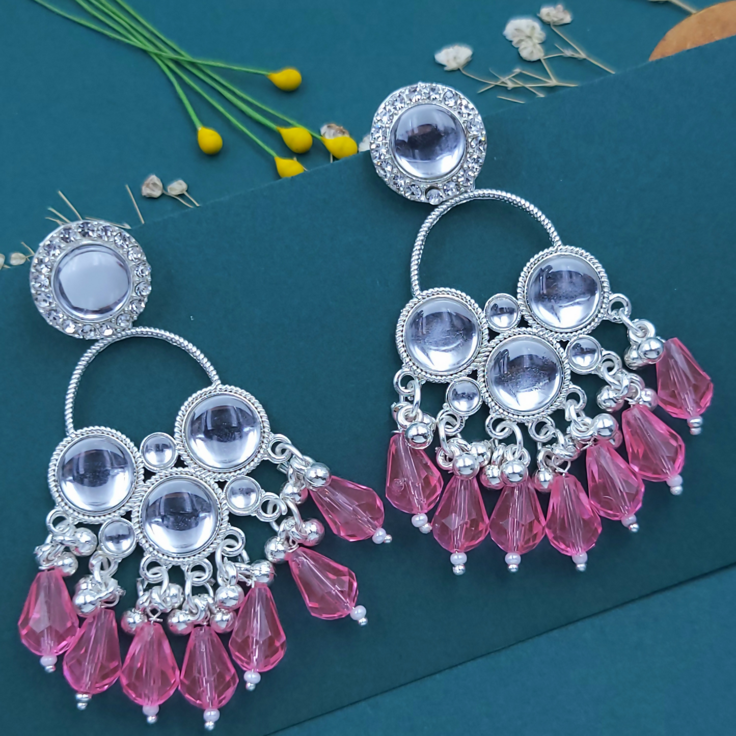 Kundan Baby Pink Pearl Silver Plated Chandbali Earrings Agate Alloy Chandbali Earring