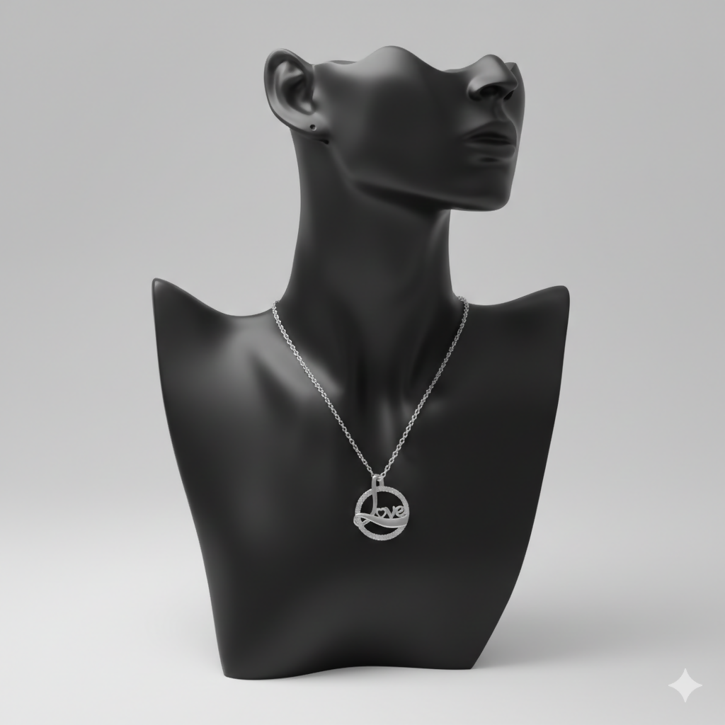 Silver rhodium chain attached to elegant love script circle pendant necklace