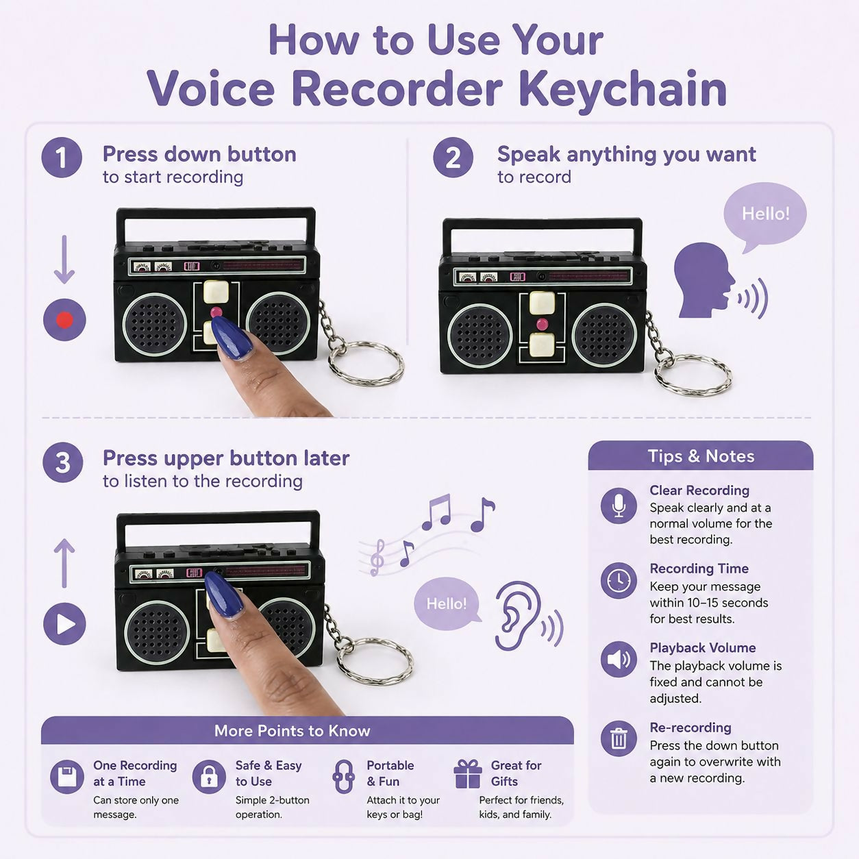 Mini voice recorder keychain with clear playback sound