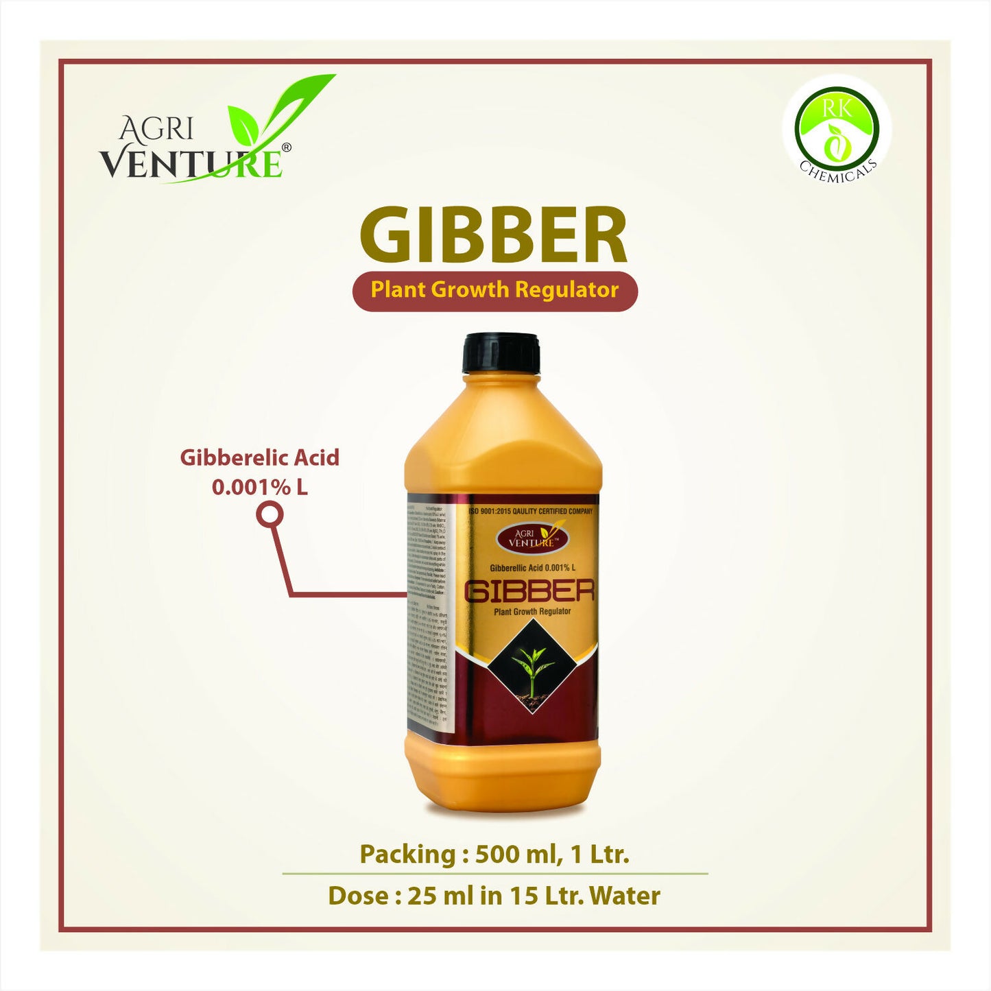 AgriVenture GIBBER ( Gibberellic Acid 0.001% SL ) PGR - Plant Growth Regulator (500 Ml, 1 Ltr.)