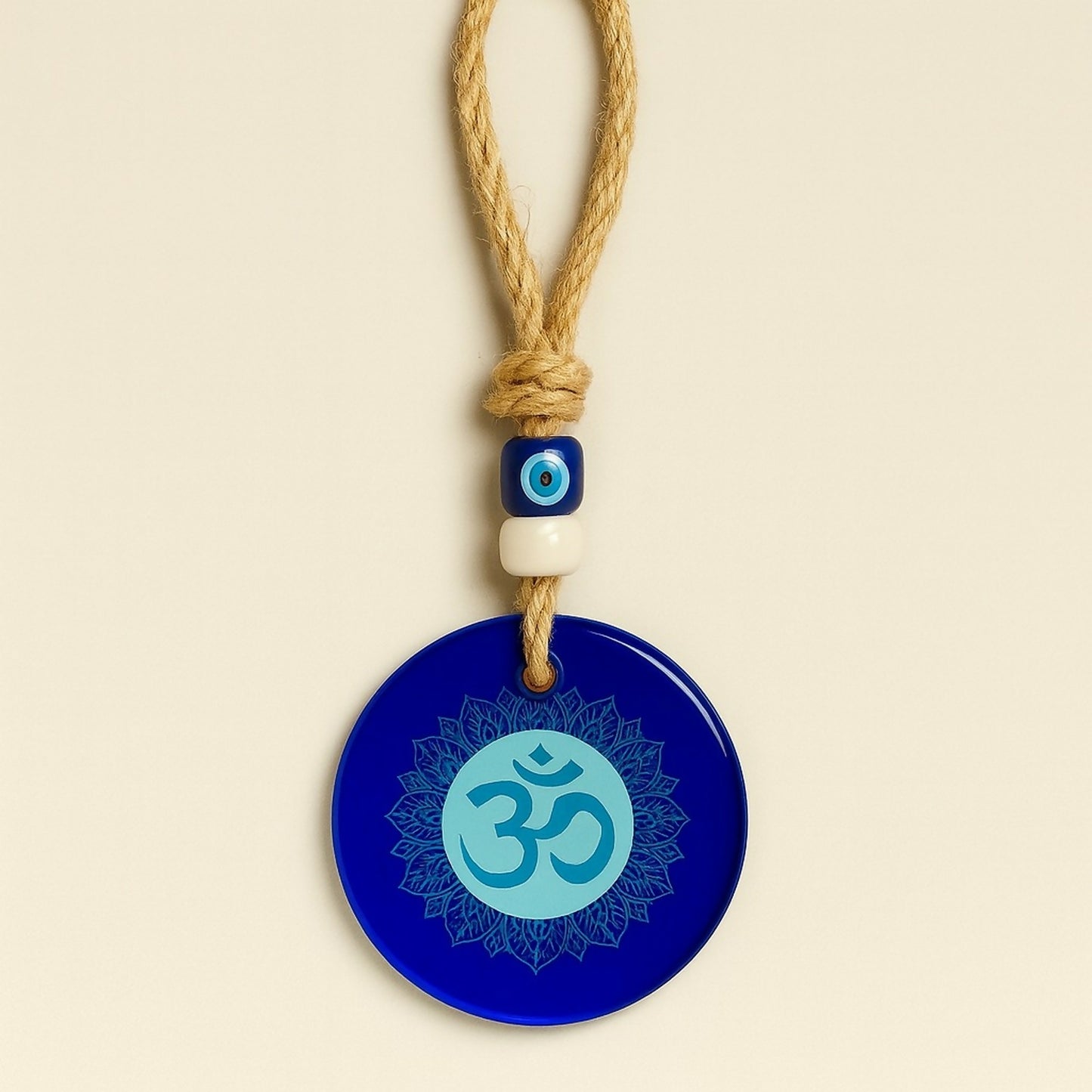 Decorative Blue Glass Wall Hanging with Om Symbol & Evil Eye Beads – Spiritual Protection, Meditation & Positive Energy Décor for Home, Office, Car & Gift Purpose