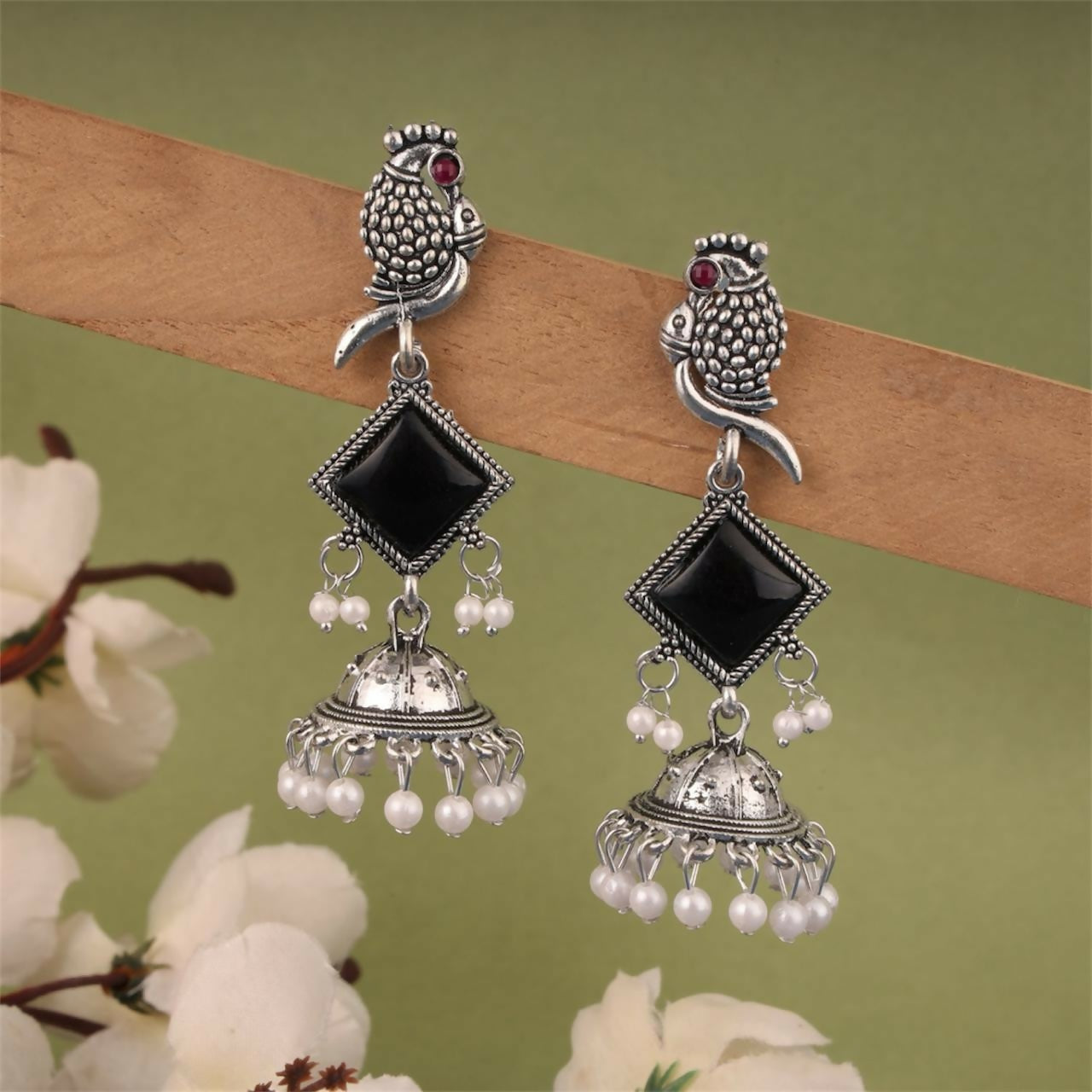 Oxidised Silver Black Stone Parrot Design Jhumka Earrings for Women & Girls