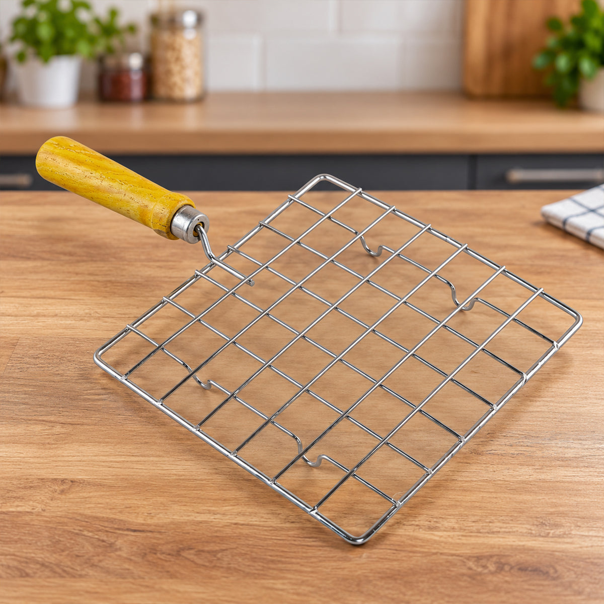 Square Wire Roti and Papad Roaster with Wooden Handle (1 Pc, Big)