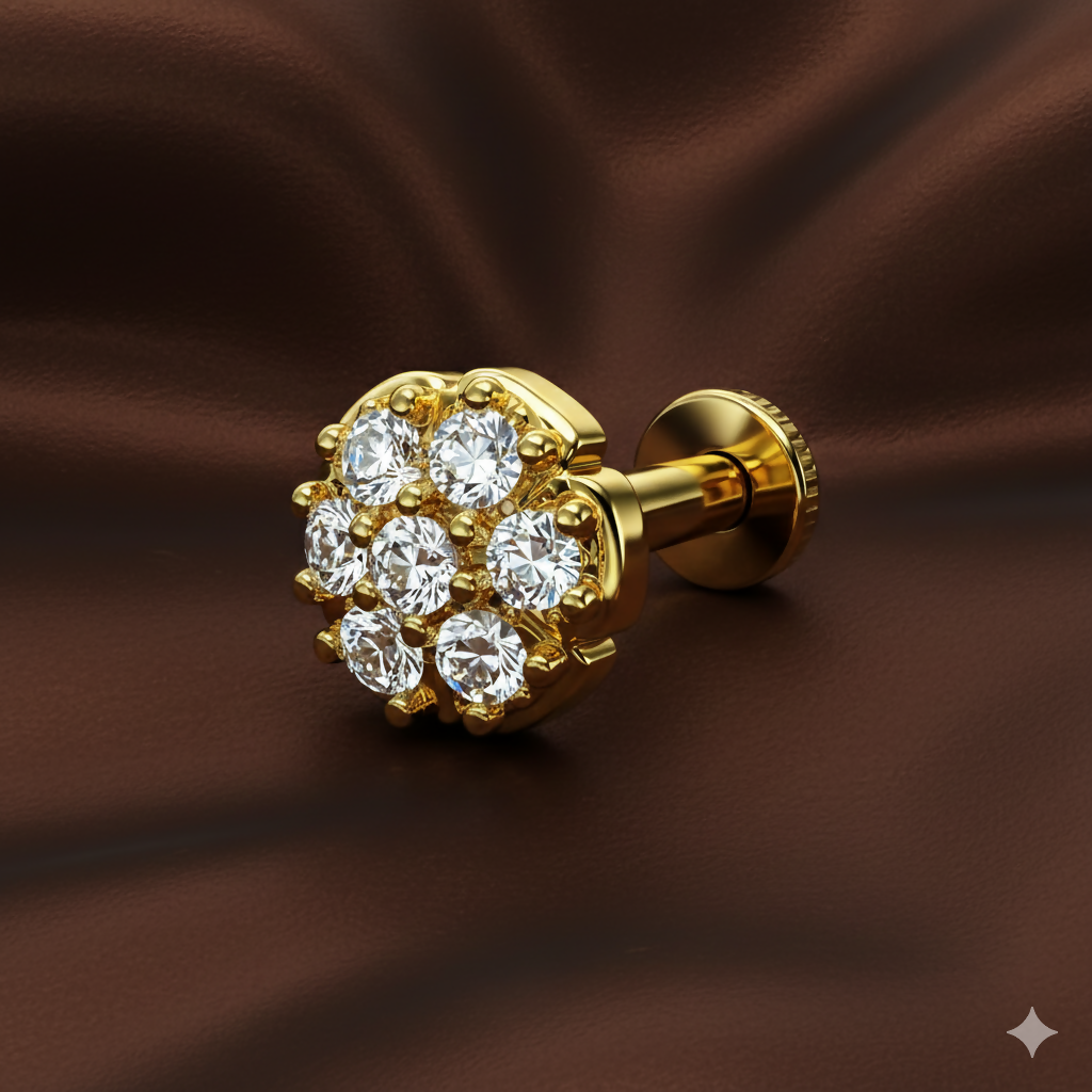 Gold-plated floral stud earrings with central sparkling crystal and cluster design
