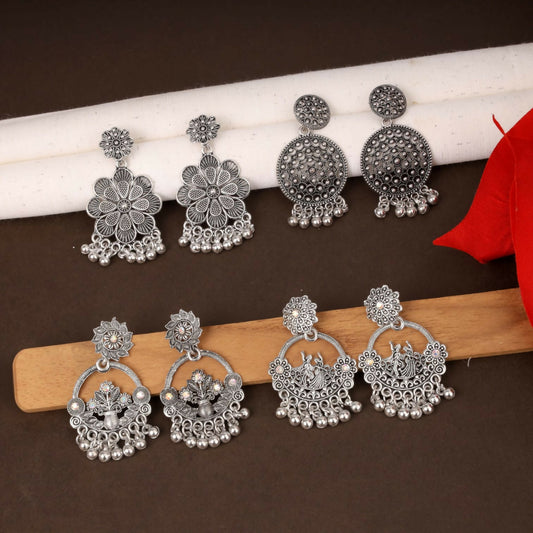 Trendy Oxidised Silver Statement Earrings Combo Set for Women & Girls (Set of 4)