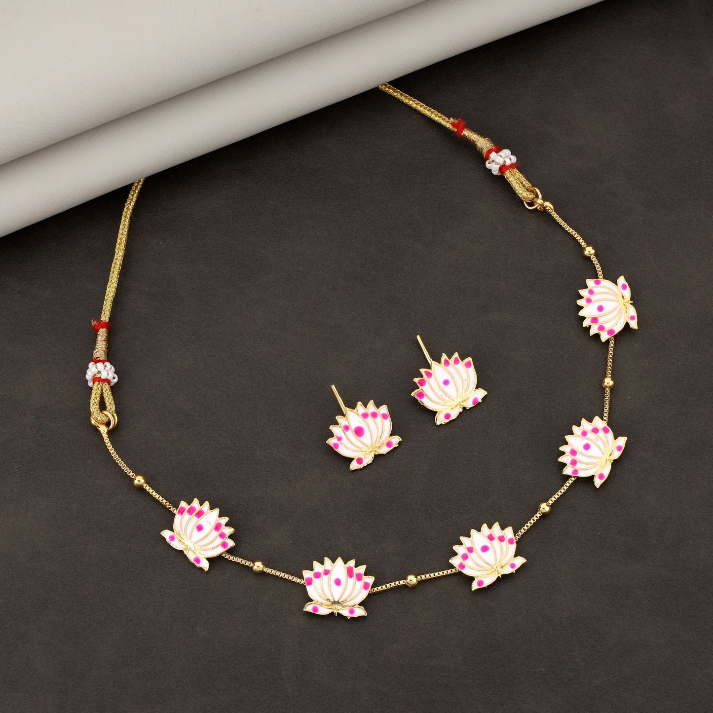 Delicate Lotus Design Necklace Set with Pink and White Enamel