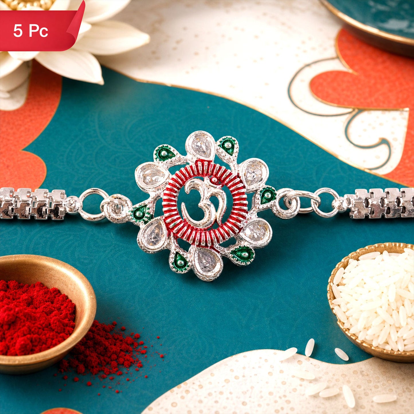 Om Rakhi Floral Design with Pink Green Accents for Raksha Bandhan (5pcs)