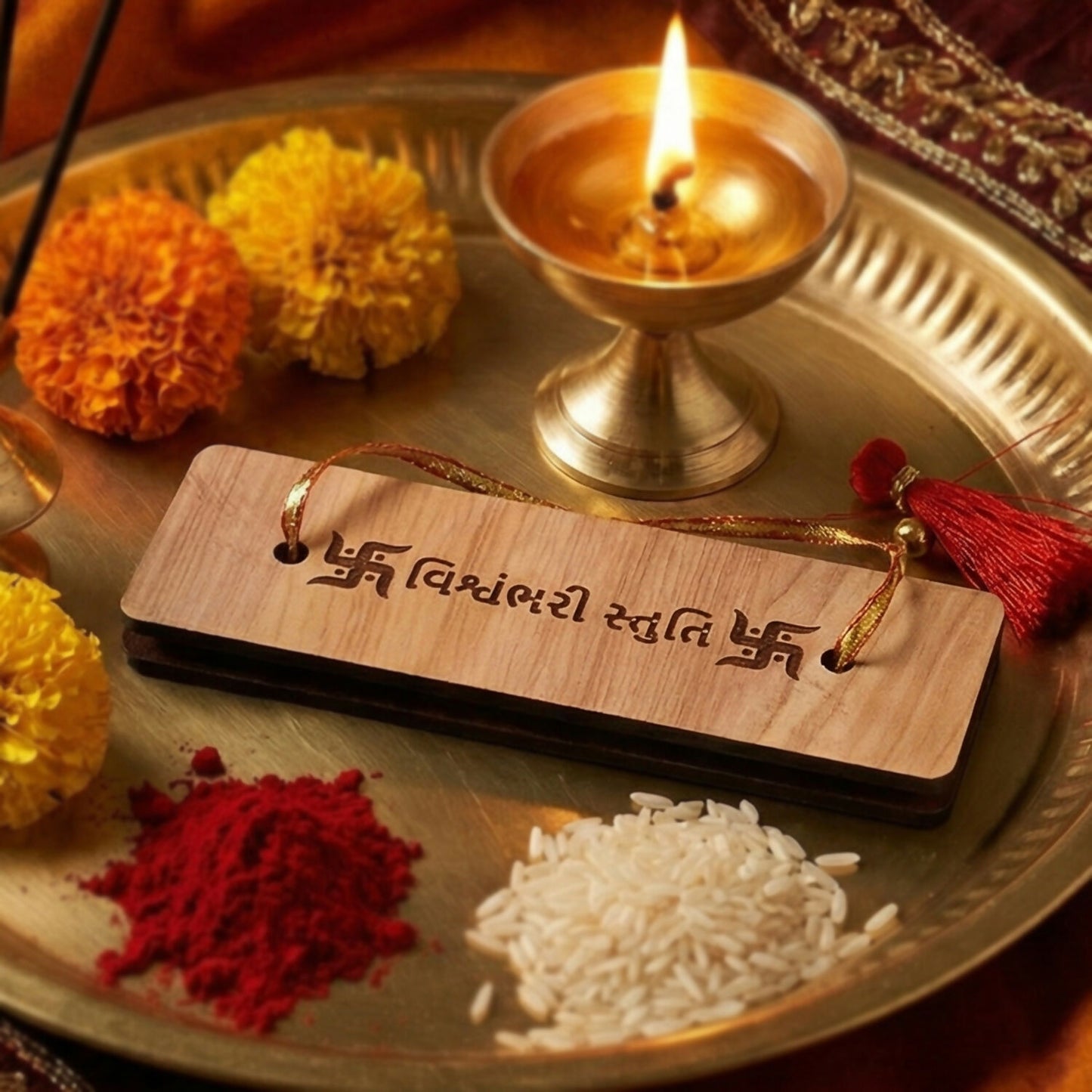 Wooden Vishwambhari Stuti Flip Book with Stand for Pooja – 15.5 x 5 cm