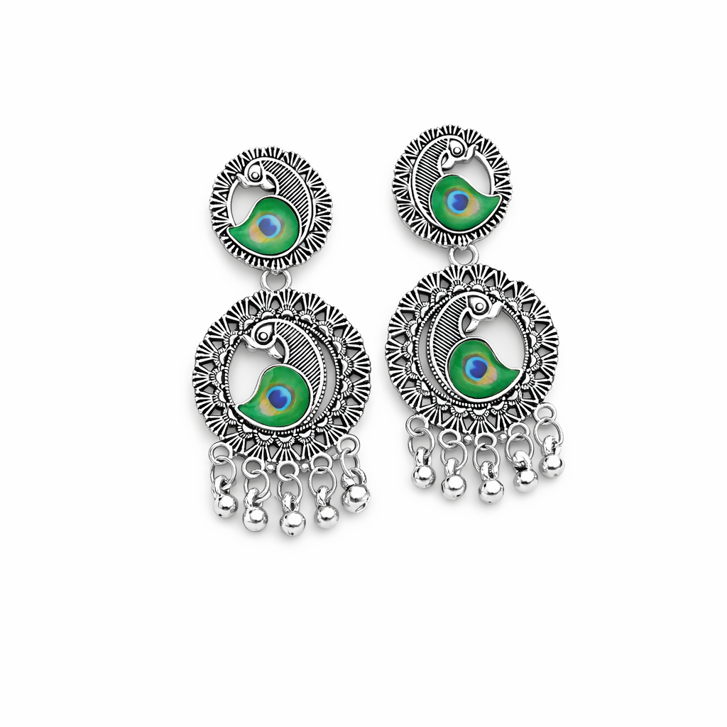 Oxidised Silver Peacock Motif Drop Jhumka Earings