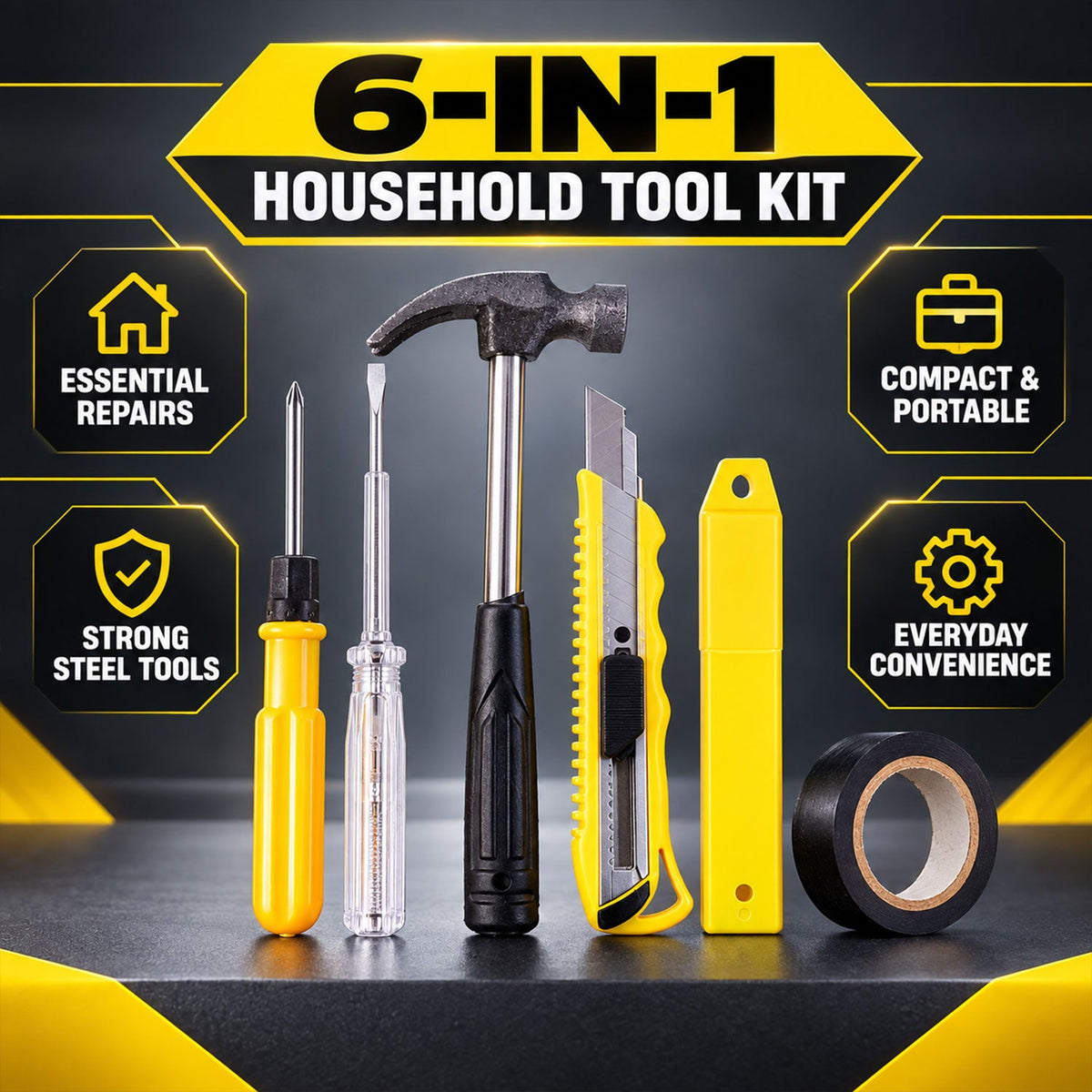 A set of six household tools, including a hammer, two screwdrivers, a cutter, and electrical tape, arranged on a dark